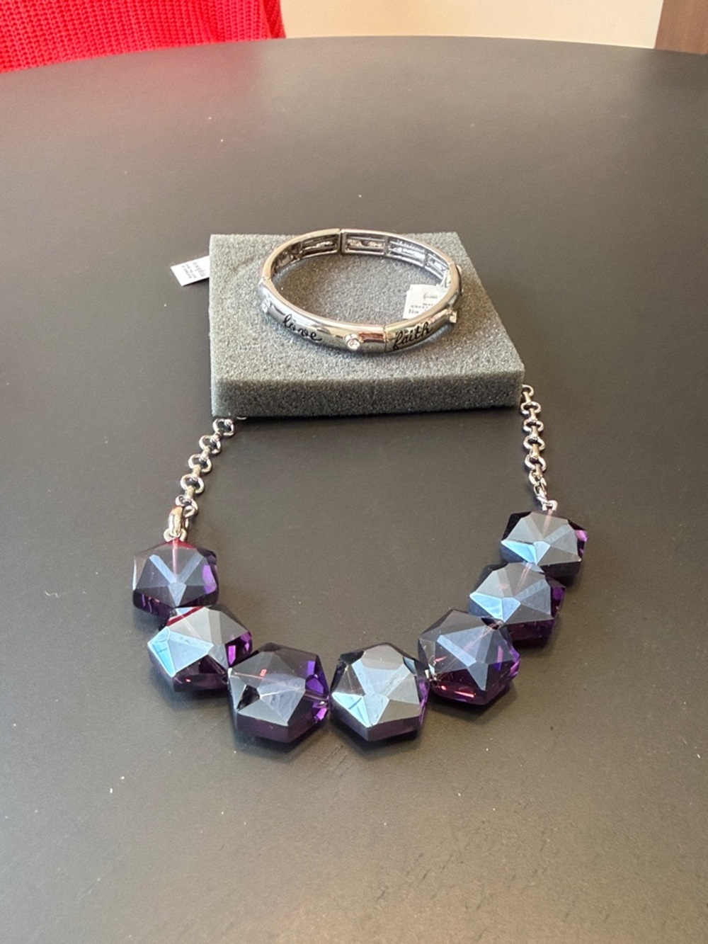 Silver Bracelet and Purple Crystal Statement Necklace Set